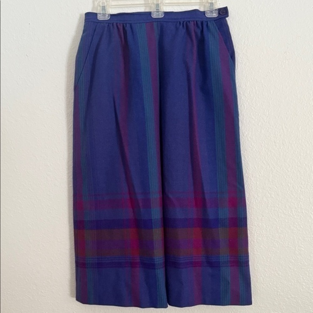 Vintage Pendleton Blue Purple Plaid Wool Pleated Mudi Skirt 12